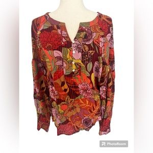 Jane + Delancey Orange/Red Floral Rayon Blouse sz Large NWOT sheer long sleeve